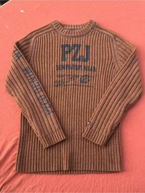 Point Zero Vintage Brown Ribbed Crewneck Sweater with Black Graphic